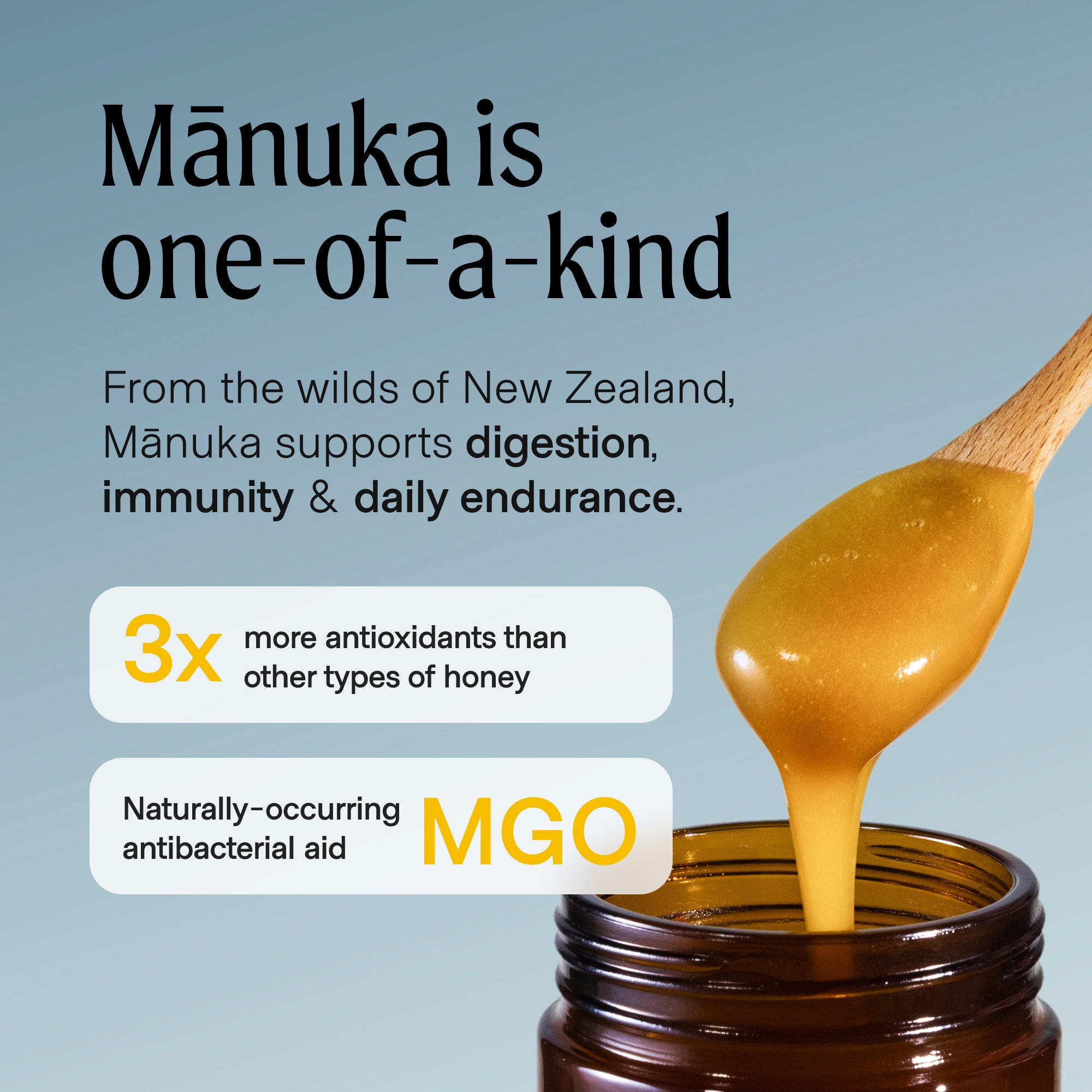 A hand holding a spoonful of Manukora raw Mānuka honey.