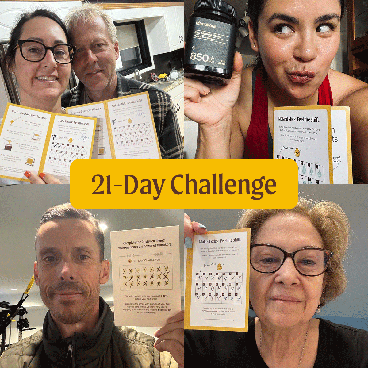 Three people holding spoons of honey and a 21-day challenge card, promoting a healthy start to the year.